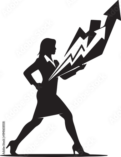 Strong black silhouette of a confident businesswoman propelling upward growth with a lightning-bolt style arrow, signifying drive and achievement.