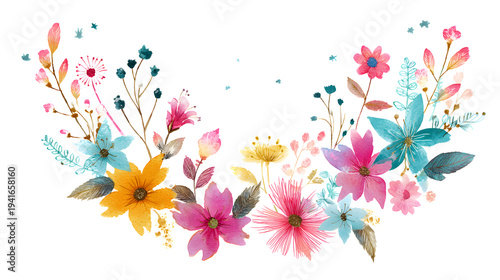 Whimsical watercolor wildflower half monogram frame, fantasy meadow flowers and leaves forming a decorative top floral swag.