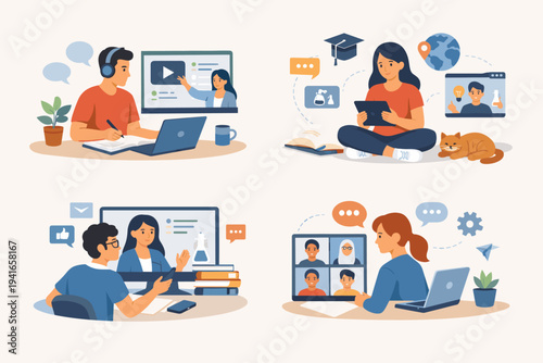 Online Education Vector Set Featuring Students Learning Remotely via Laptops and Tablets. Flat Illustration of Digital Classrooms, Video Lectures, and Virtual Meetings for E-Learning Platforms.