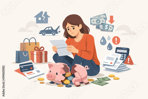 Stressed woman facing financial crisis with broken piggy bank, unpaid bills, debt, and overspending. Concept of bankruptcy, poverty, loan payments, and economic hardship in flat vector style.