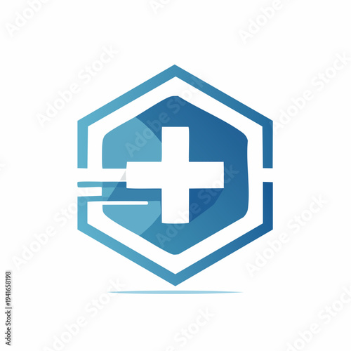 Healthcare and Medical Services Emblem with Blue Hexagonal Shield and Plus Sign Icon