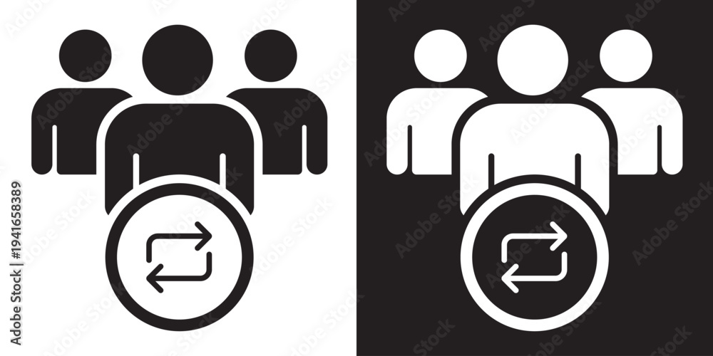 Obraz premium Human silhouettes with circular sync arrows. Symbolizes team rotation, workforce exchange, account synchronization, community updates, and collaborative workflow processes.