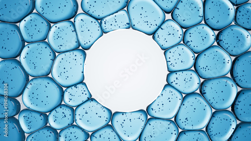 3d Render of aqua blue cosmetic or water bubbles forming a circle shape, useful for cosmetic and beauty or health products with copy space in the center