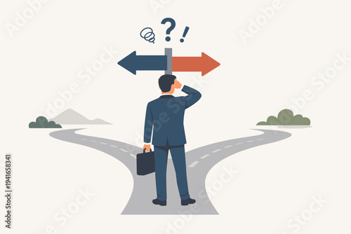 Businessman standing at a crossroads fork in the road feeling confused and uncertain trying to make the right choice between two paths with directional signpost and question mark symbols.