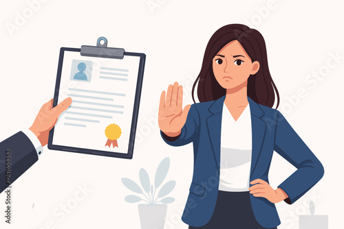 Businesswoman in a blue suit making a stop gesture to reject a job offer or contract presented on a clipboard by an employer. Flat vector illustration of career refusal and recruitment process.