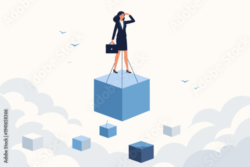 Businesswoman Standing on a Suspended Cube Looking into the Distance, Concept of Visionary Leadership, Strategic Planning, Career Ambition, and Future Success in a Simple Flat Vector Illustration.