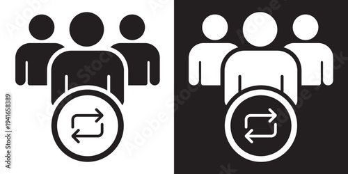 Human silhouettes with circular sync arrows. Symbolizes team rotation, workforce exchange, account synchronization, community updates, and collaborative workflow processes.