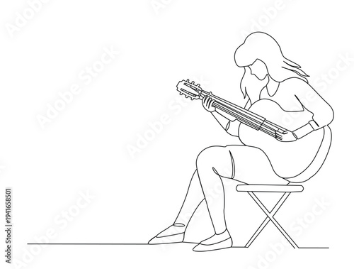 Continuous one line drawing of beautiful woman playing guitar. Female Guitarist. Editable line vector.