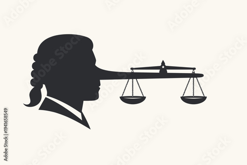 Silhouette of a Judge with a Long Pinocchio Nose Balancing a Scale of Justice, Representing Legal Corruption, Dishonesty, Perjury, and the Lack of Integrity in the Court and Judicial System.