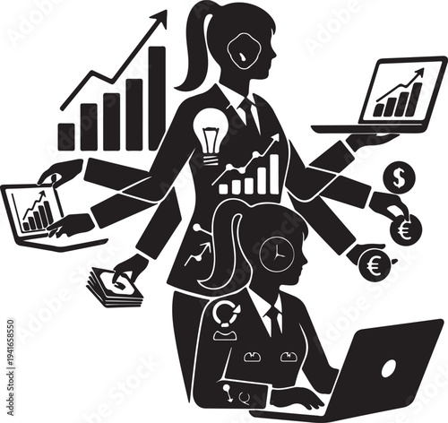 Multi-armed entrepreneur woman silhouette multitasking business, managing finances, data, and ideas with charts and laptops.