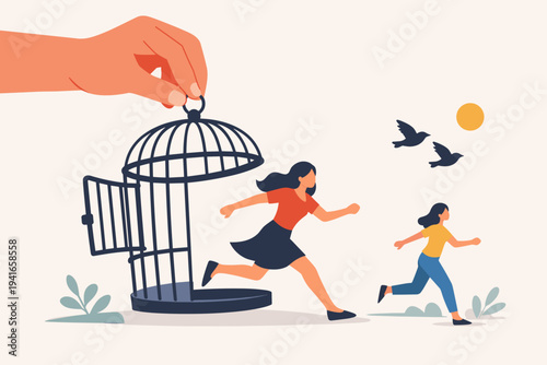 Flat vector illustration of a large hand lifting a birdcage to release women running towards freedom, representing liberation, empowerment, social justice, and breaking free from oppression.