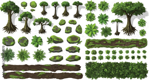 Top-Down Green Tree and Bush Vector Set for Game Design isolated PNG with Transparent Background