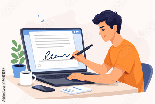 Flat vector illustration of a man signing a digital document online with a stylus on a laptop screen, representing electronic signature, remote work, paperless office, and modern technology.