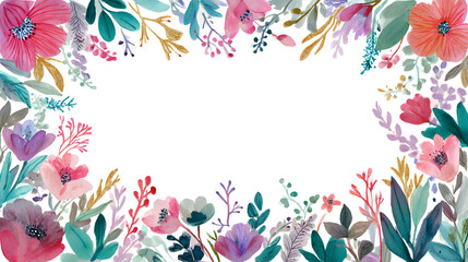 Whimsical watercolor wildflower border frame, layered fantasy meadow flowers and leaves forming a full rectangular botanical border.