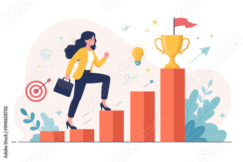 Ambitious Businesswoman Climbing Bar Chart Towards Success and Achievement. Flat Vector Illustration of a Young Woman Striving for Career Goals, Reaching for a Golden Trophy and Creative Ideas.