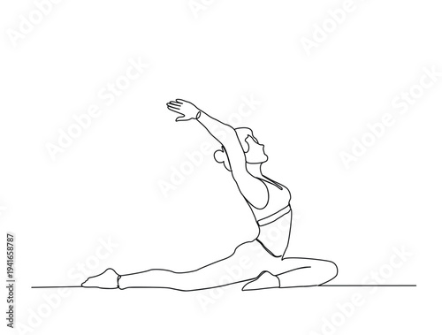 Continuous one line drawing of beautiful female yoga pose character. Editable line vector.