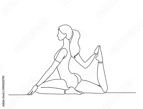 Continuous one line drawing of beautiful female yoga pose character. Editable line vector.