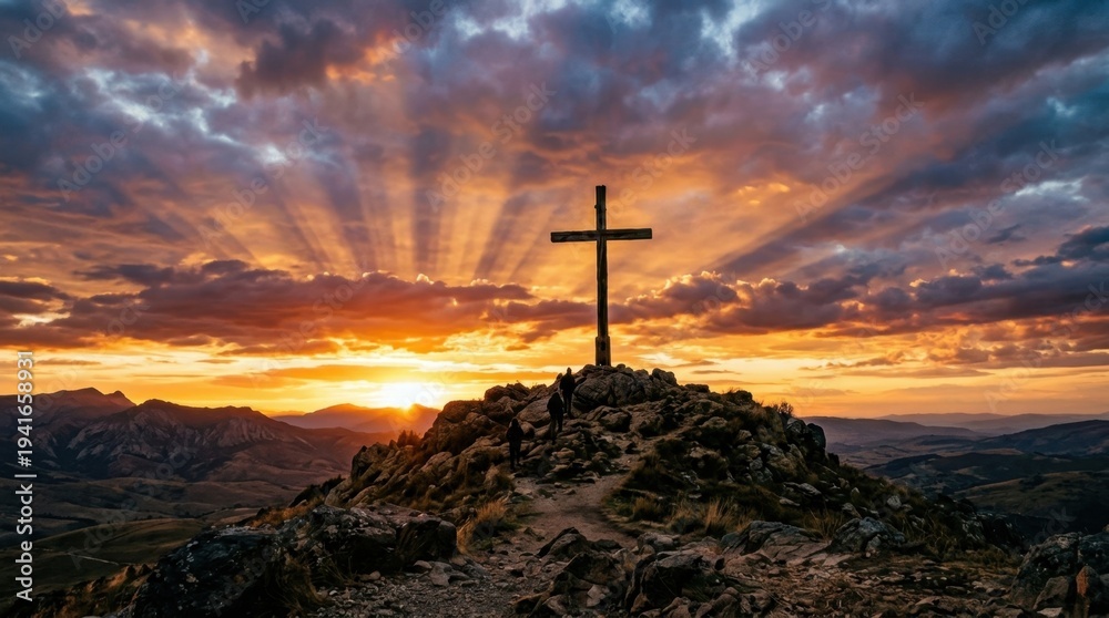 Obraz premium Wooden cross on a rocky hilltop at sunset with dramatic sun rays through the clouds