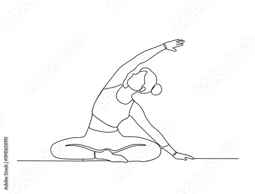 Continuous one line drawing of beautiful female yoga pose character. Editable line vector.