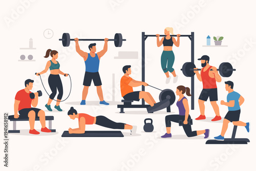 Diverse Group of People Exercising in a Gym Fitness Center Flat Vector Illustration. Men and Women Doing Various Workouts Including Weightlifting, Rowing, Jumping Rope, Planking, and Running.