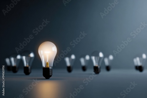 Single glowing light bulb hovering above a row of unlit bulbs representing idea innovation creativity leadership and inspiration on a cool surface