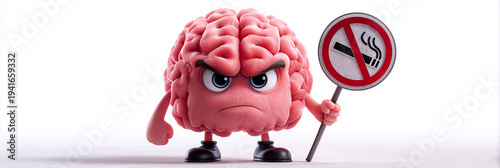 An Angry 3D Human Brain Character Holding No Smoking Sign on White Background with Copy Space. Anthropomorphic Mascot for Anti-Smoking Campaign, Health Awareness Concept. Generative Ai.