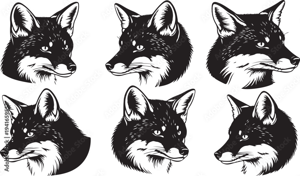 Fototapeta premium Black and white fox head illustrations in various poses