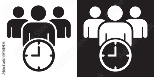 Three user silhouettes with a clock face. Represents team scheduling, shift management, project deadlines, workforce productivity, and group time tracking in business environments.