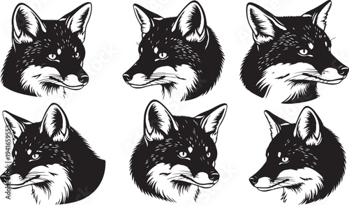 Black and white fox head illustrations in various poses