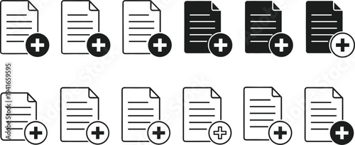Add File Document Icon Set with Plus Symbol for Upload, Create New Document, Data Management, Office Applications, and User Interface Design