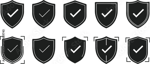 Shield Check Security Icon Set for Protection, Verification, Cyber Safety, Secure System Approval, Data Protection, and Trust Badge Vector Symbols
