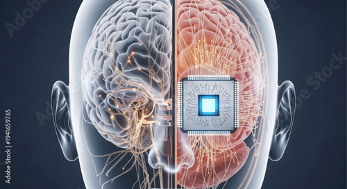 Digital Brain Illustration Showing Neural and Computer Elements.