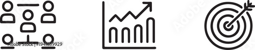 Business analytics icons showing team structure financial progress and precise target hitting