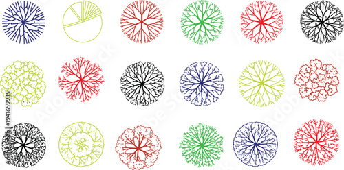 Abstract circular tree branch network icons set colorful radial organic patterns collection for nature technology design elements vector illustration pack