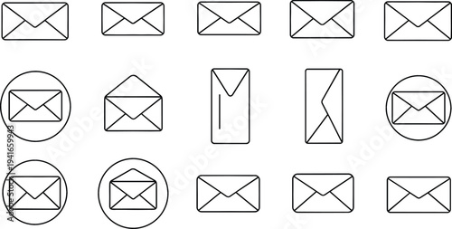 Email Envelope Message Icon Set with Mail Communication Symbols for Inbox Notification, Contact Messaging, Digital Correspondence and Communication Interface Design