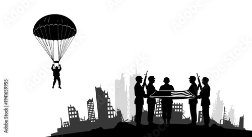 Soldiers Honor Fallen Comrade Parachuting into War-Torn City