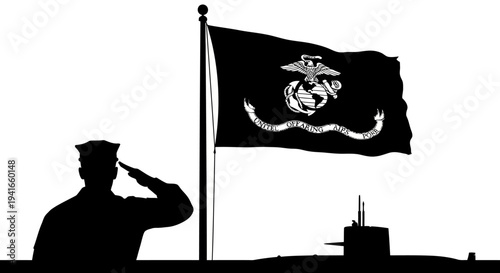 US Marine Salutes Flag with Eagle Globe Anchor Emblem and Submarine Silhouette