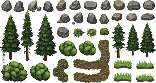 Set of 40 Isometric Nature Elements Vector Illustration isolated PNG with Transparent Background