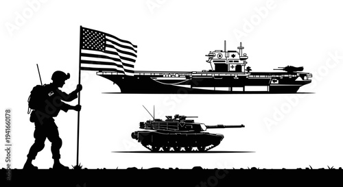 US Soldier Raising American Flag with Aircraft Carrier and Tank Silhouettes