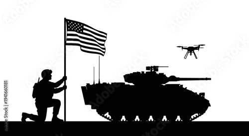 US Soldier Raising Flag Beside Tank and Drone, Symbolizing Military Power and Modern Warfare