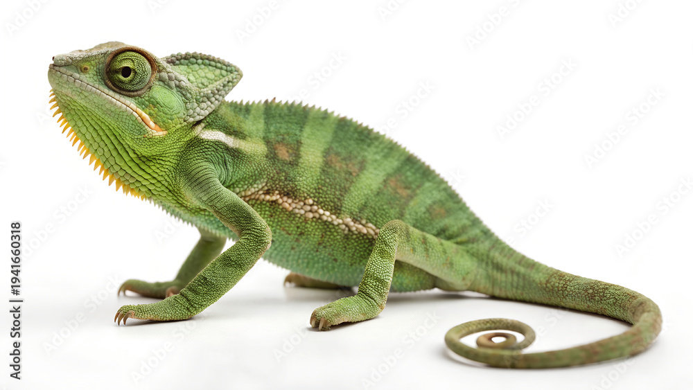 Fototapeta premium Green chameleon standing on white background looking up