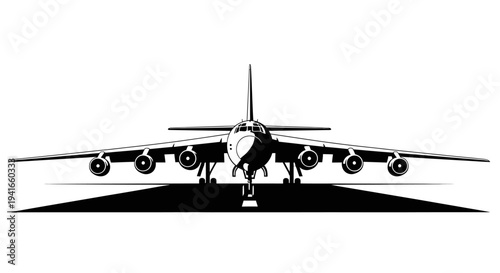 Vintage Bomber Aircraft on Runway, Front View, Black and White Silhouette
