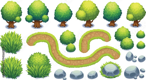 Set of 25 Pixel Art Isometric Nature Elements Vector isolated PNG with Transparent Background