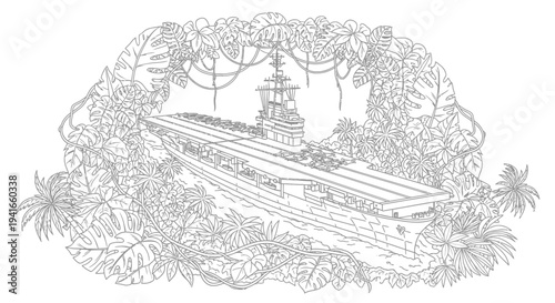 Vintage Aircraft Carrier in Lush Tropical Jungle Setting, Military History Illustration