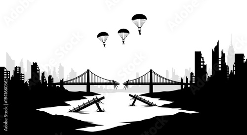 War aftermath: Destroyed bridge, ruined city skyline, paratroopers descend on parachutes.