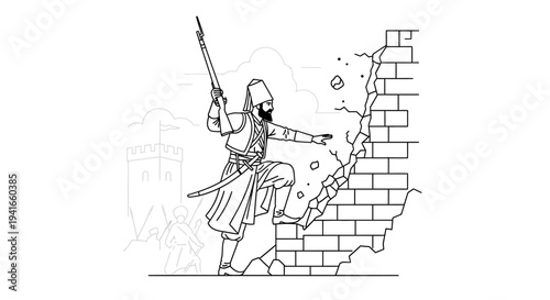 Warrior Breaking Wall with Sword - Historical Battle Scene