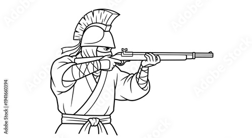 Warrior aiming musket, historical reenactment, ancient soldier with rifle, combat pose