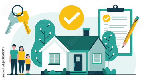 home insurance and property protection concept with house keys checklist approval symbol and family safety coverage flat vector illustration