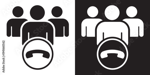 Three person icons with a telephone handset symbol. Ideal for customer service, technical support team, call center, and communication concepts. Modern minimalist vector style.