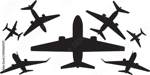 Silhouettes of airplanes flying in formation on white background
